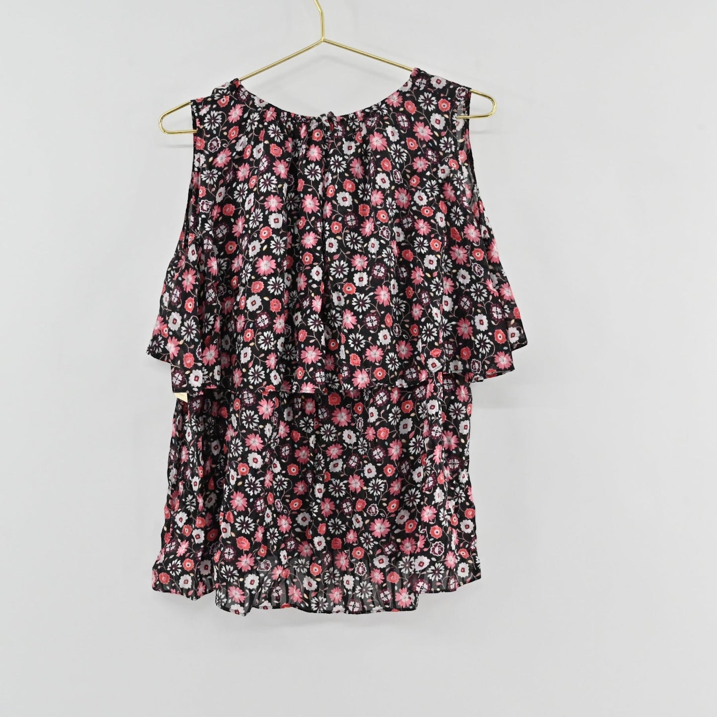Lynn's Closet Boutique Kate Spade black floral silk top with tiered ruffle cold shoulder design