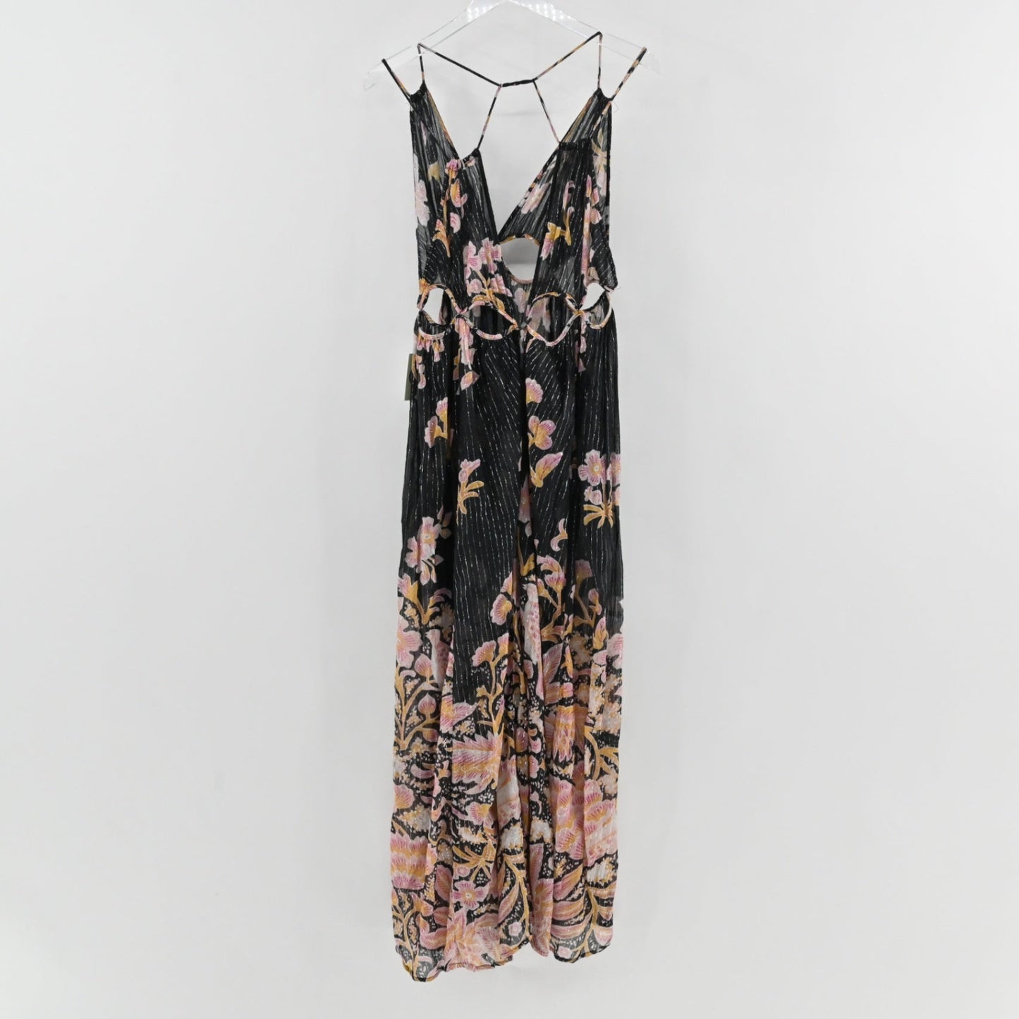 Lynn's Closet Boutique Anthropologie black maxi dress with floral stripe print, side cutouts, and spaghetti straps.
