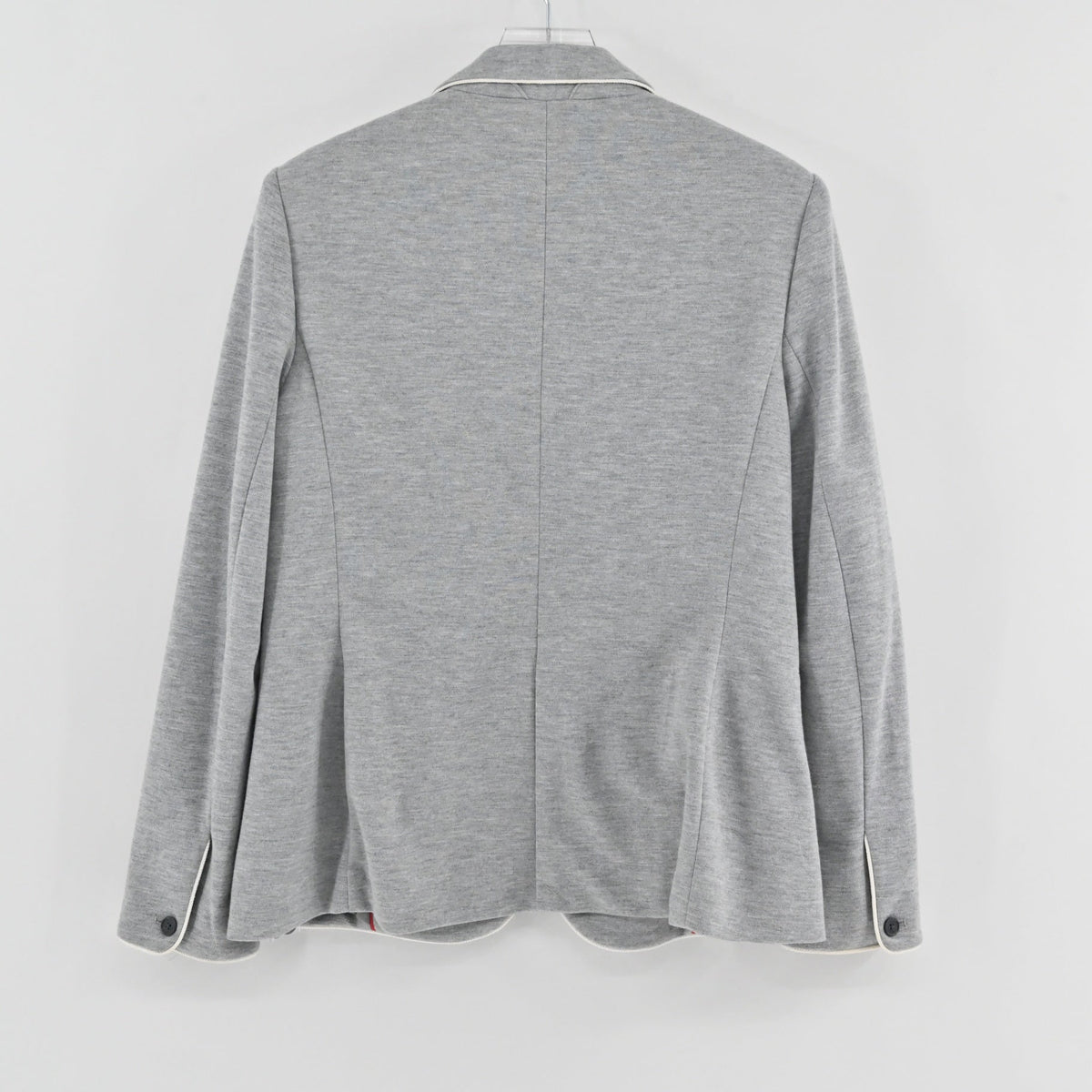 Lynn's Closet Boutique Tommy Hilfiger gray knit blazer with white piping, back view of size 14 jacket