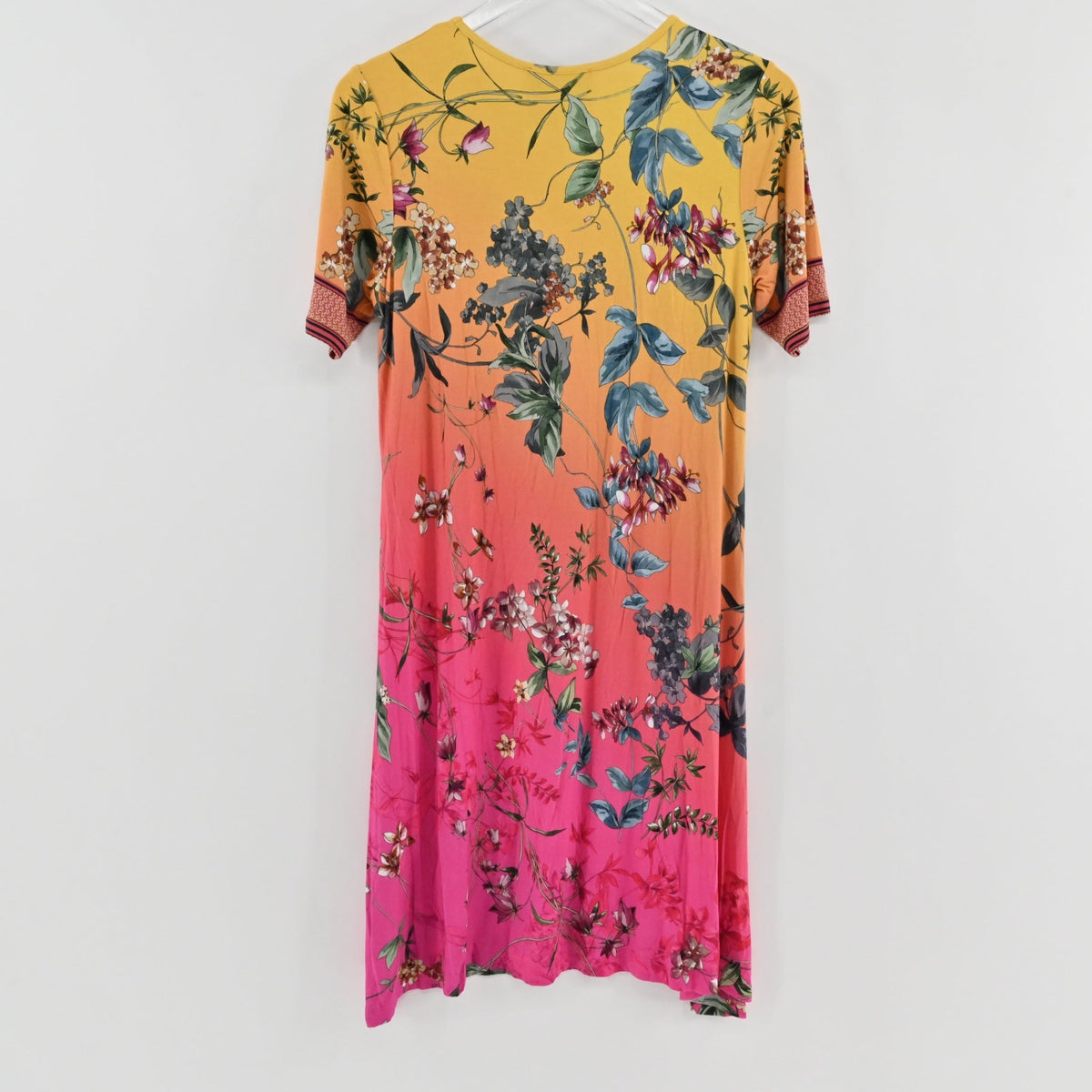 Lynn's Closet Boutique Johnny Was Emboy swing dress featuring a yellow to pink gradient with floral print.