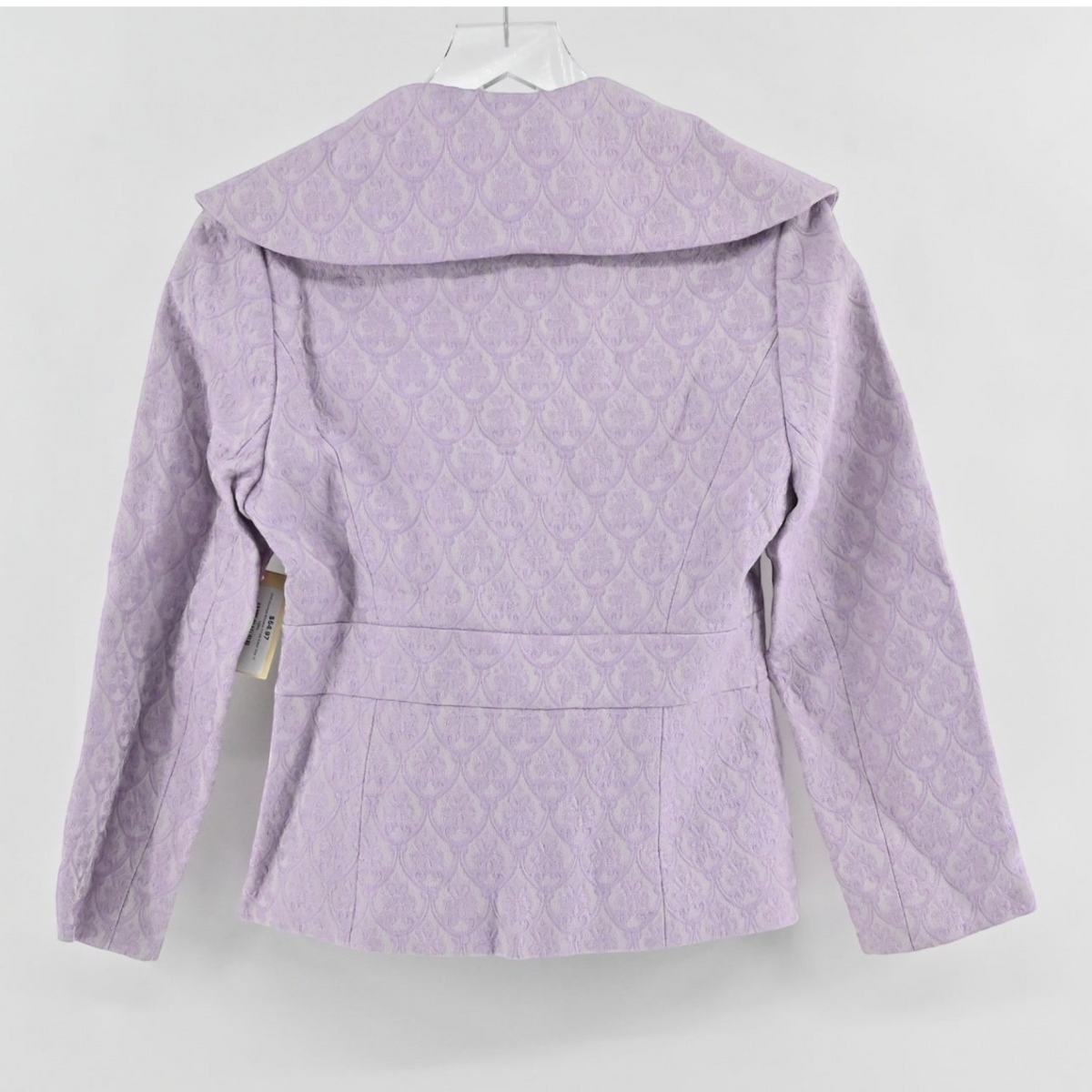 Lynn's Closet Boutique lavender purple brocade blazer with an oversized collar, back view on a hanger.