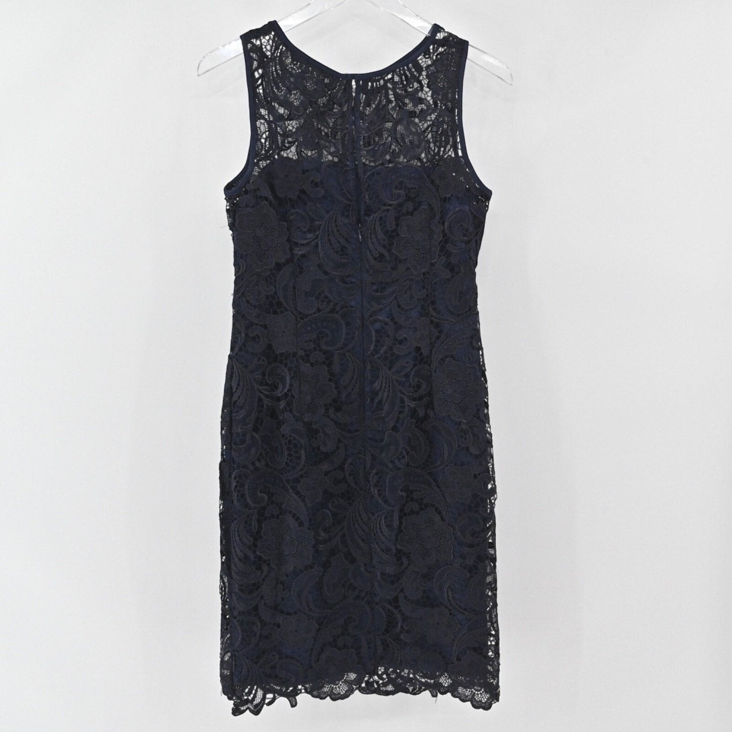 Lynn's Closet Boutique Adrianna Papell sleeveless navy blue lace sheath dress with intricate floral patterns