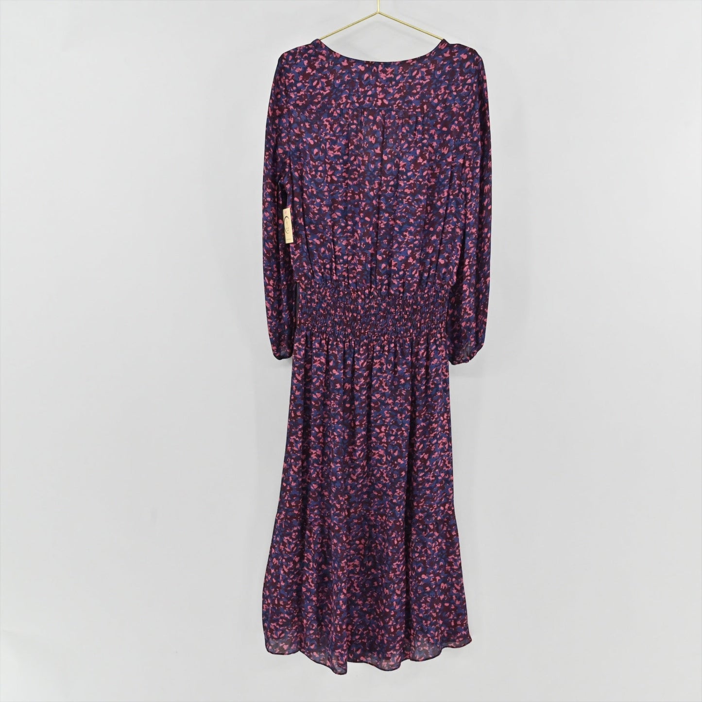 Lynn's Closet Boutique Parker midi dress in deep purple with a pink and blue abstract print and smocked waist
