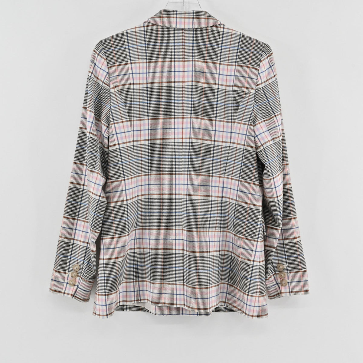 Lynn's Closet Boutique Halogen double-breasted plaid blazer in white, black, brown, and pink, back view.