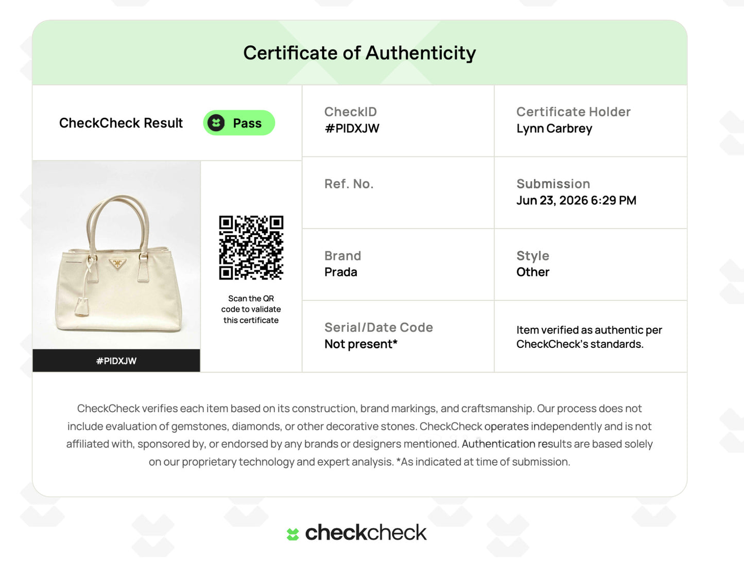 Lynn's Closet Boutique certificate of authenticity for a white Prada Galleria Saffiano leather medium handbag