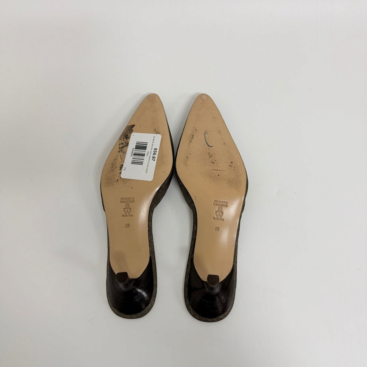 Lynn's Closet Boutique Stubbs & Wootton gold metallic mules showing the soles and kitten heels