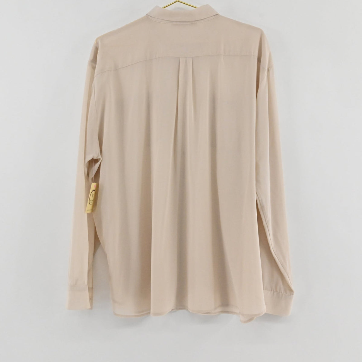 Back view of a Lynn's Closet Boutique tan silk-blend button-down shirt with a relaxed fit and long sleeves.
