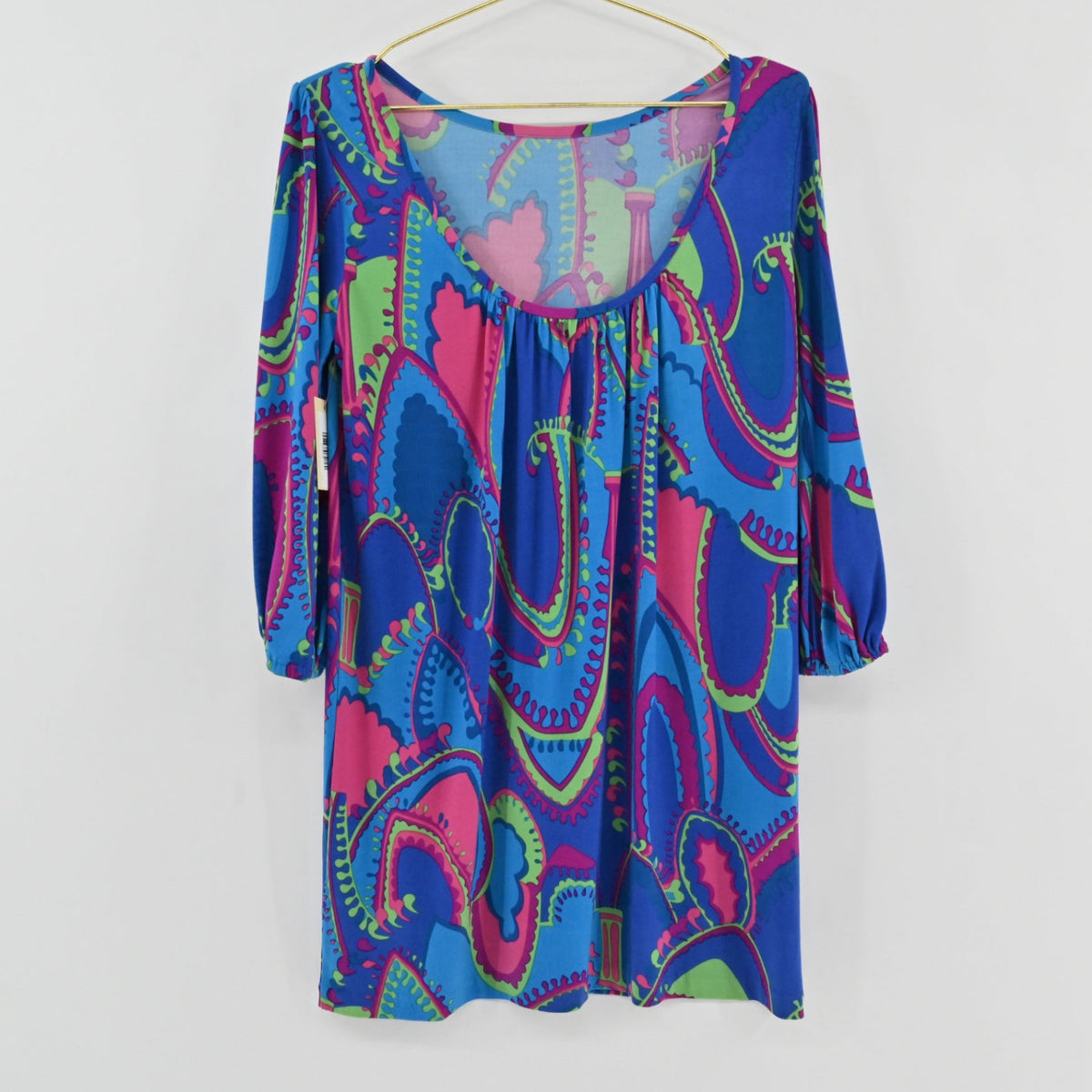 Lynn's Closet Boutique Tibi NY neon paisley print shift dress with scoop neckline and three-quarter sleeves