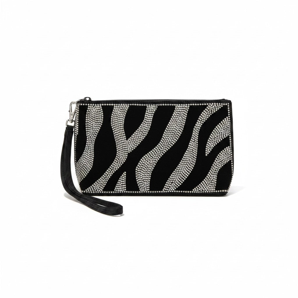 Lynn's Closet Boutique Mary Frances Zebra Wristlet, black velvet with rhinestone zebra stripes and beaded trim.