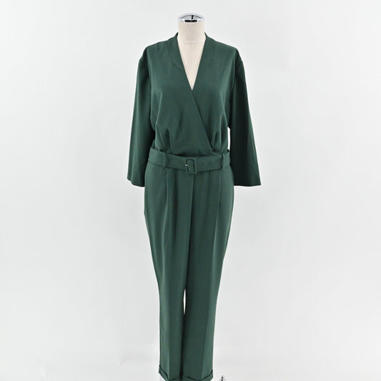 THE LIMITED Jumpsuit Womens Size 14P VNeck Solid Green Belted Cuffed Hem NEW