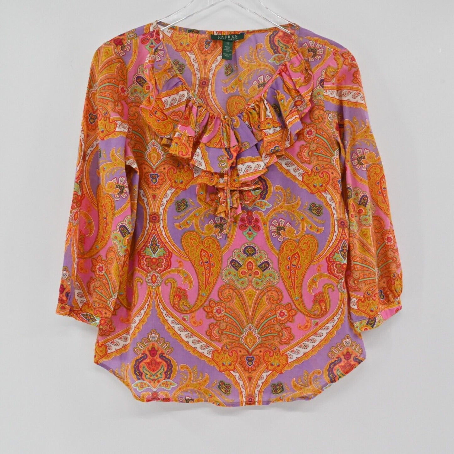 Vtg LAUREN RALPH LAUREN Top Womens Sz XS Paisley Cotton Ruffle Peasant Boho 00s