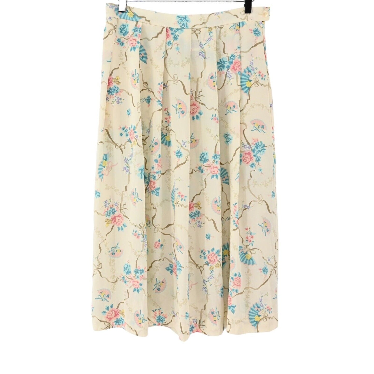 Vtg KORET CAREER Skirt Womens Sz S Ivory Floral Fans Bows Pleated Midi Retro 80s