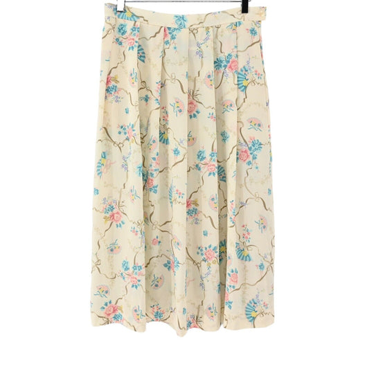 Vtg KORET CAREER Skirt Womens Sz S Ivory Floral Fans Bows Pleated Midi Retro 80s