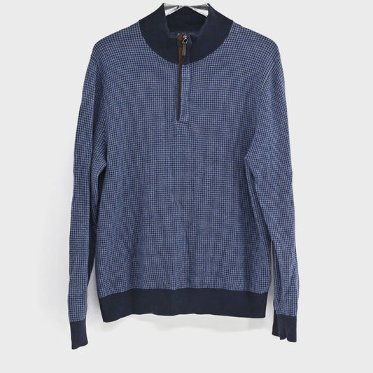 BROOKS BROTHERS Mens Cashmere Sweater Sz L Blue Houndstooth Cotton 1/4 Zip Mock