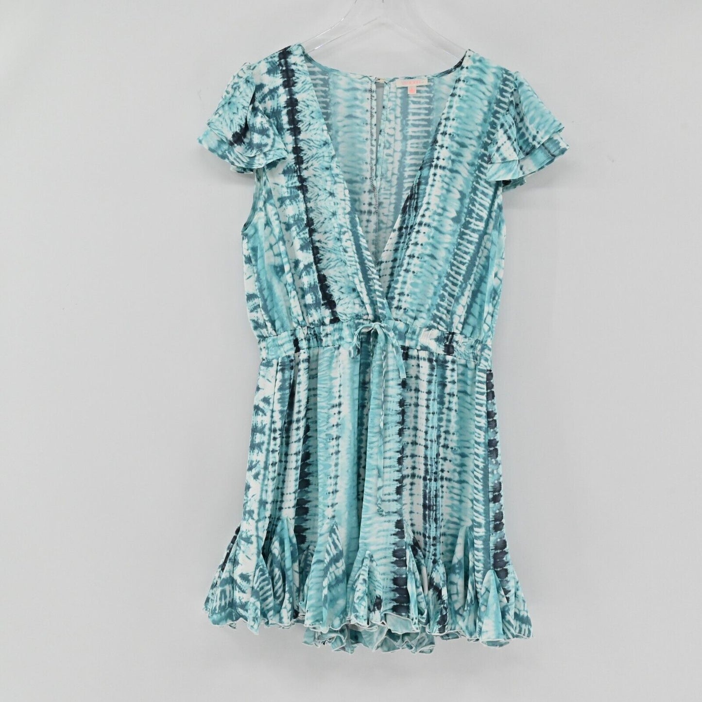 LUXXEL Romper Womens Size L Short Sleeve VNeck Turquoise Printed Tie Waist Frill