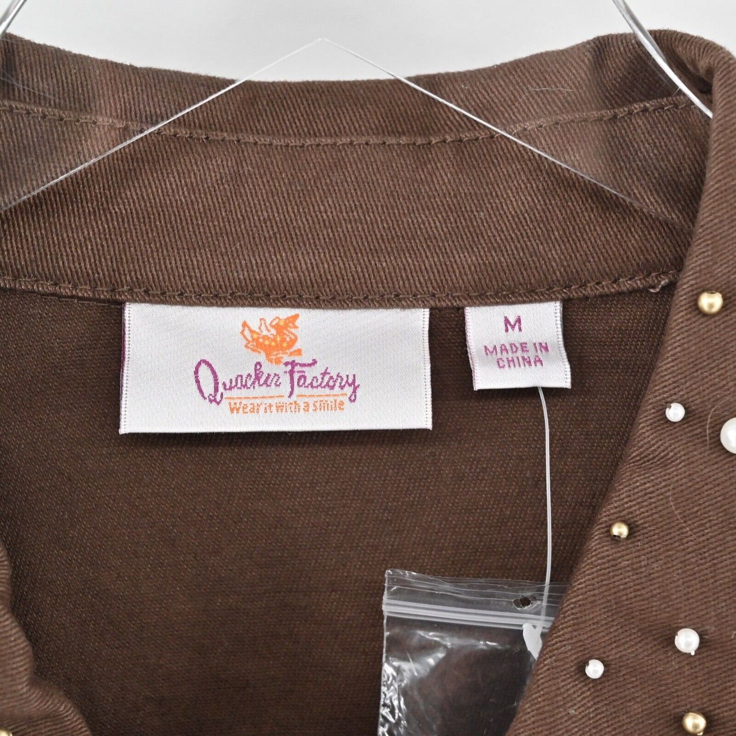 QUACKER FACTORY Denim Jacket Womens Sz M Brown Rhinestone Beaded Blinged Western