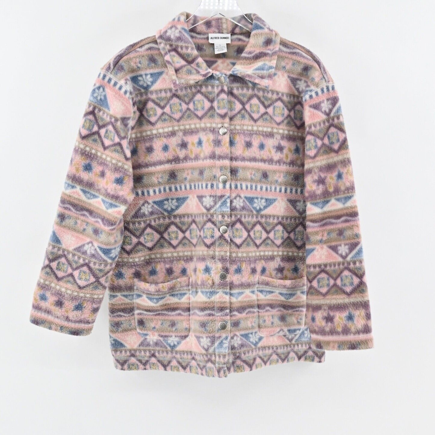 Vtg ALFRED DUNNER Jacket Womens Size L Pink Fair Isle Fleece Button Shacket 90s