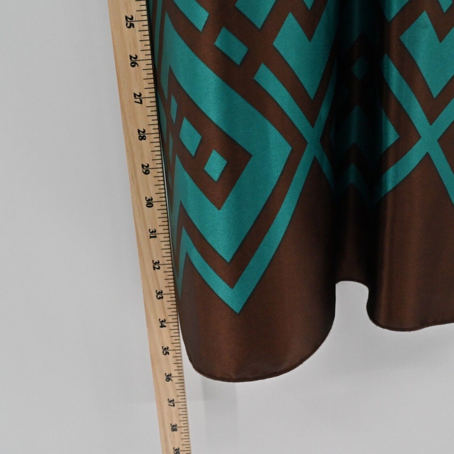 Vtg JANICE Dress Womens Sz S Brown Teal Geometric Satin Jeweled Empire Waist Y2k