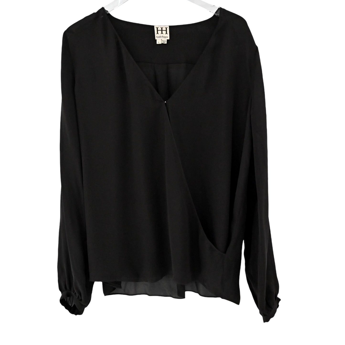 HAUTE HIPPIE Top Womens Size L Long Sleeve Silk Black Wrap Front V Neck Blouse