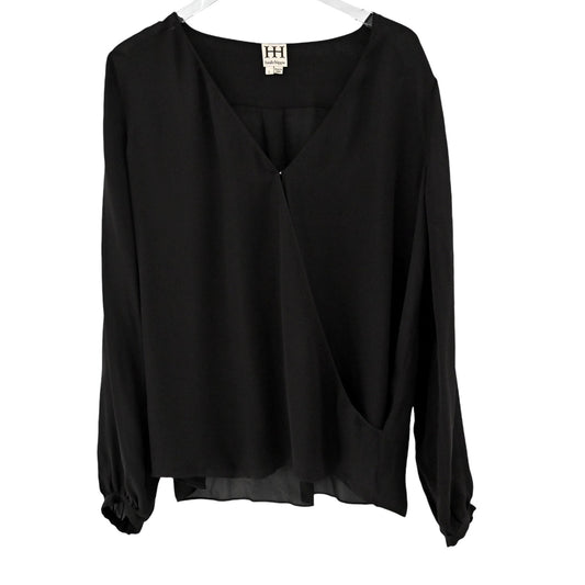 HAUTE HIPPIE Top Womens Size L Long Sleeve Silk Black Wrap Front V Neck Blouse