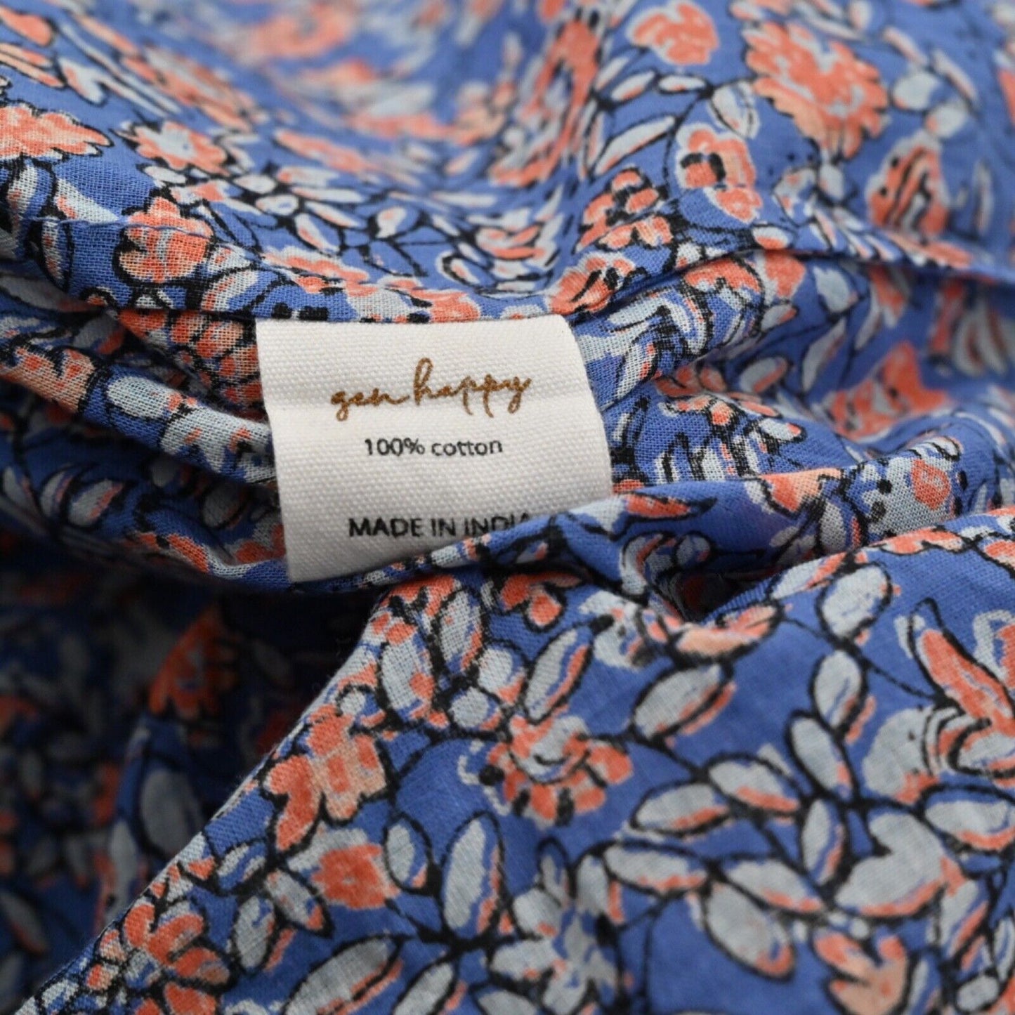 GEN HAPPY Energy Blouse Womens Size S Blue Floral 100% Cotton Embroidered Boho