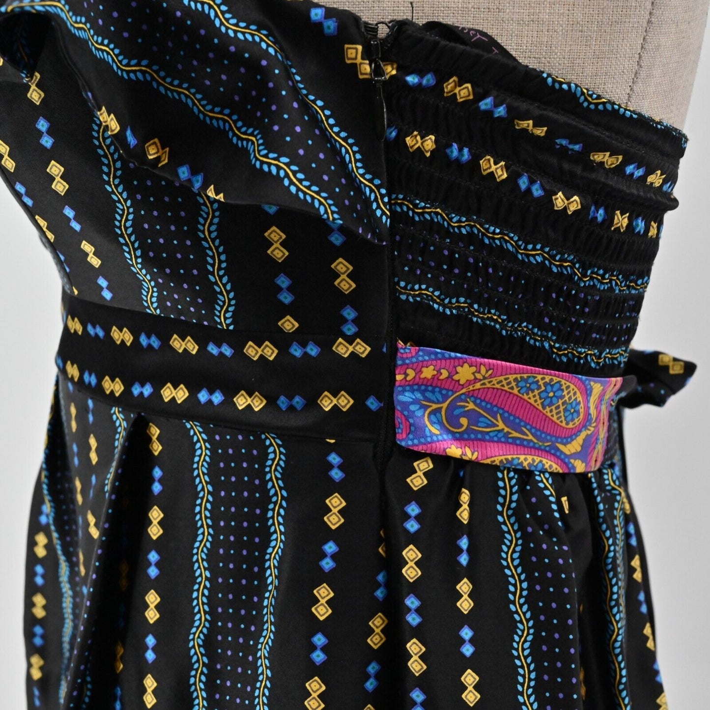 Vtg BETSEY JOHNSON Dress Womens Sz 4 Silk Y2K Strapless Multicolor Print Ruffle