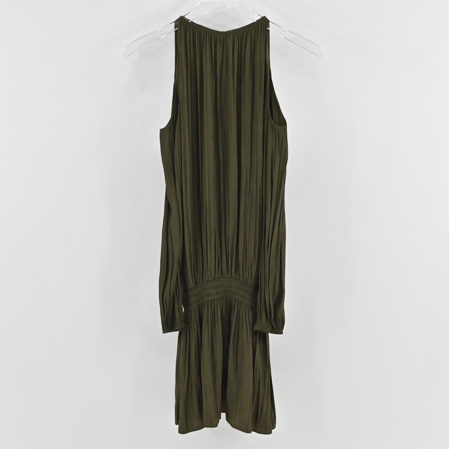 Ramy Brook Lauren Cold Shoulder Dress XXS Olive Green Pleated Earthy Ethereal