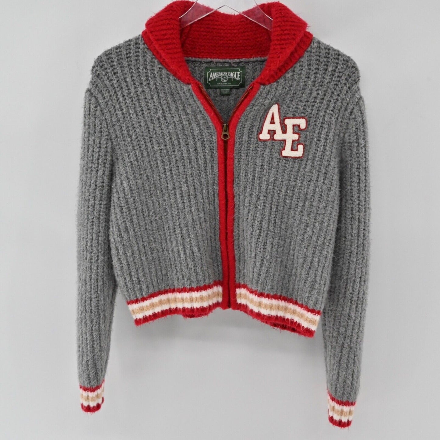 AMERICAN EAGLE Cardigan Womens Sz XS Gray Full Zip Crop Retro Varsity Letterman