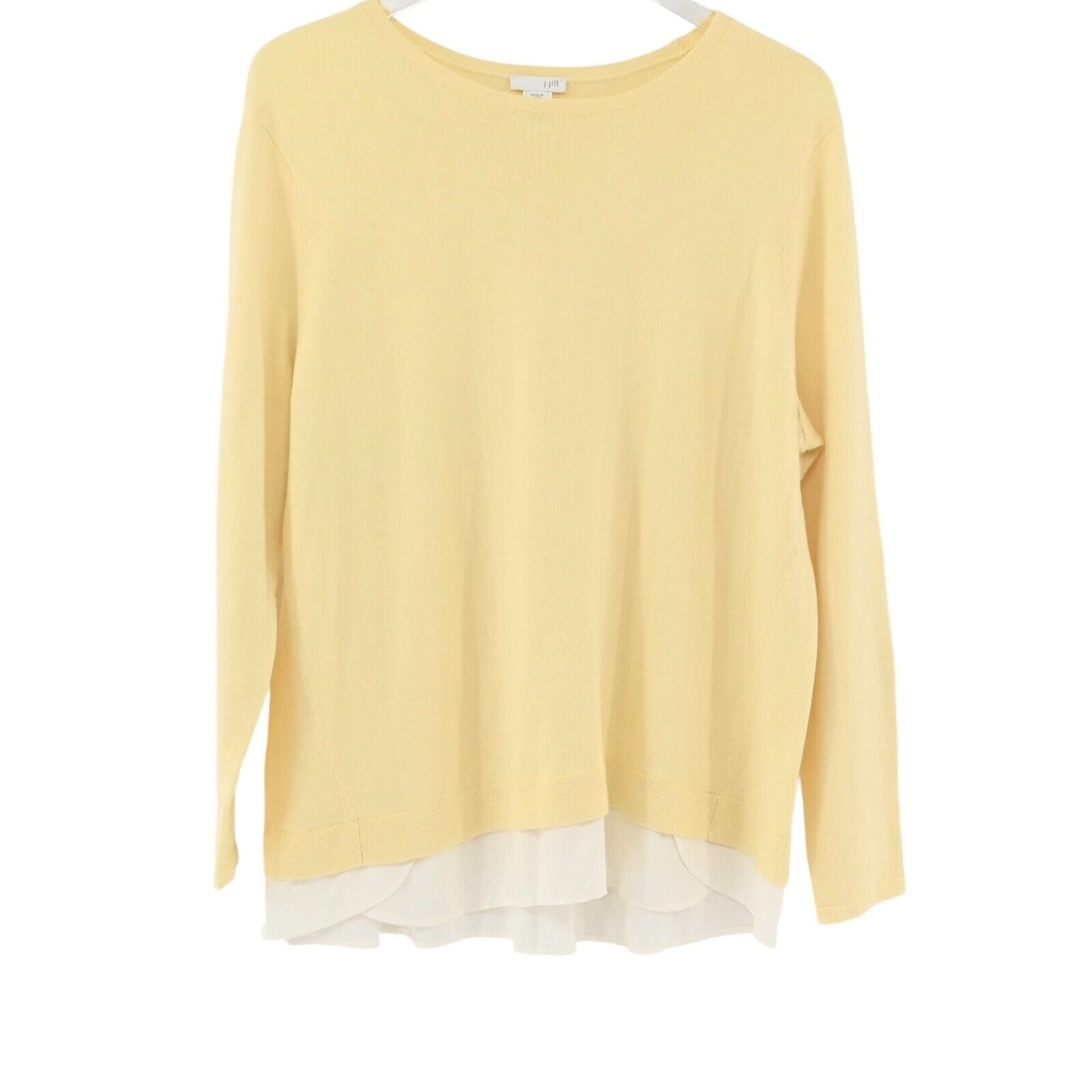 J JILL Sweater Womens Size L Petite Yellow Knit Cotton White Contrast Hem Preppy