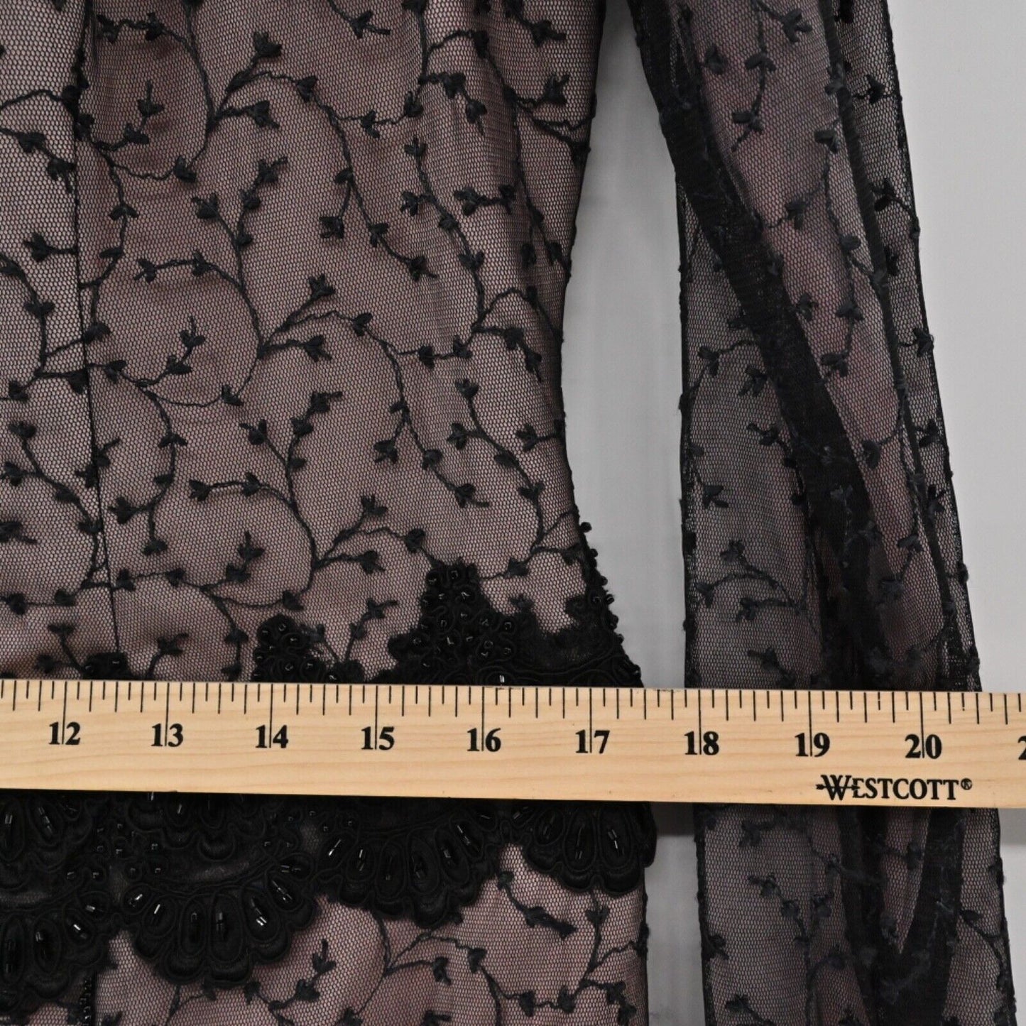 Vtg Dress Womens Size L Black Pink Sheer Floral Embroidered Beaded Lace Trim 80s