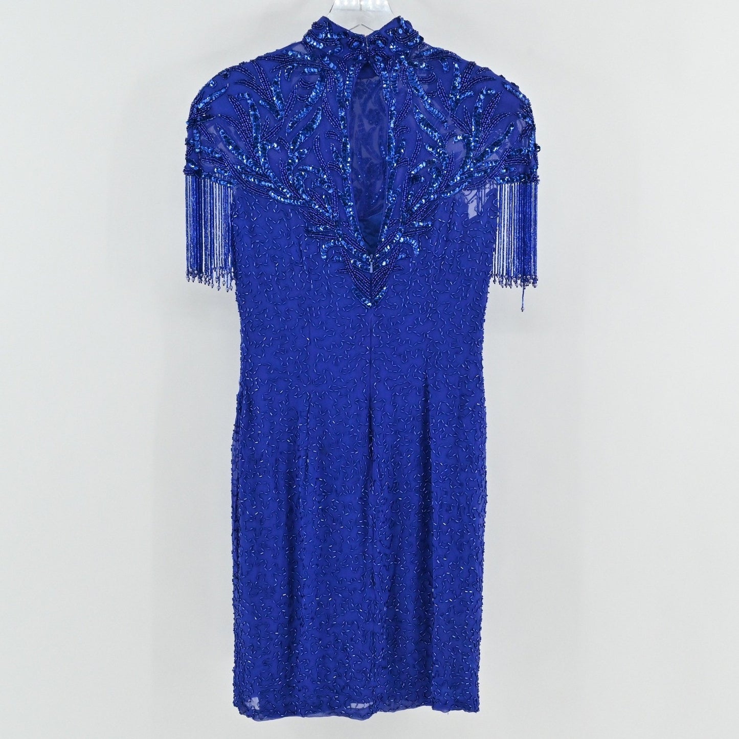 Vtg 80s Niteline Silk Beaded Sequin Dress Size 6 Blue Cocktail High Neck Fringe
