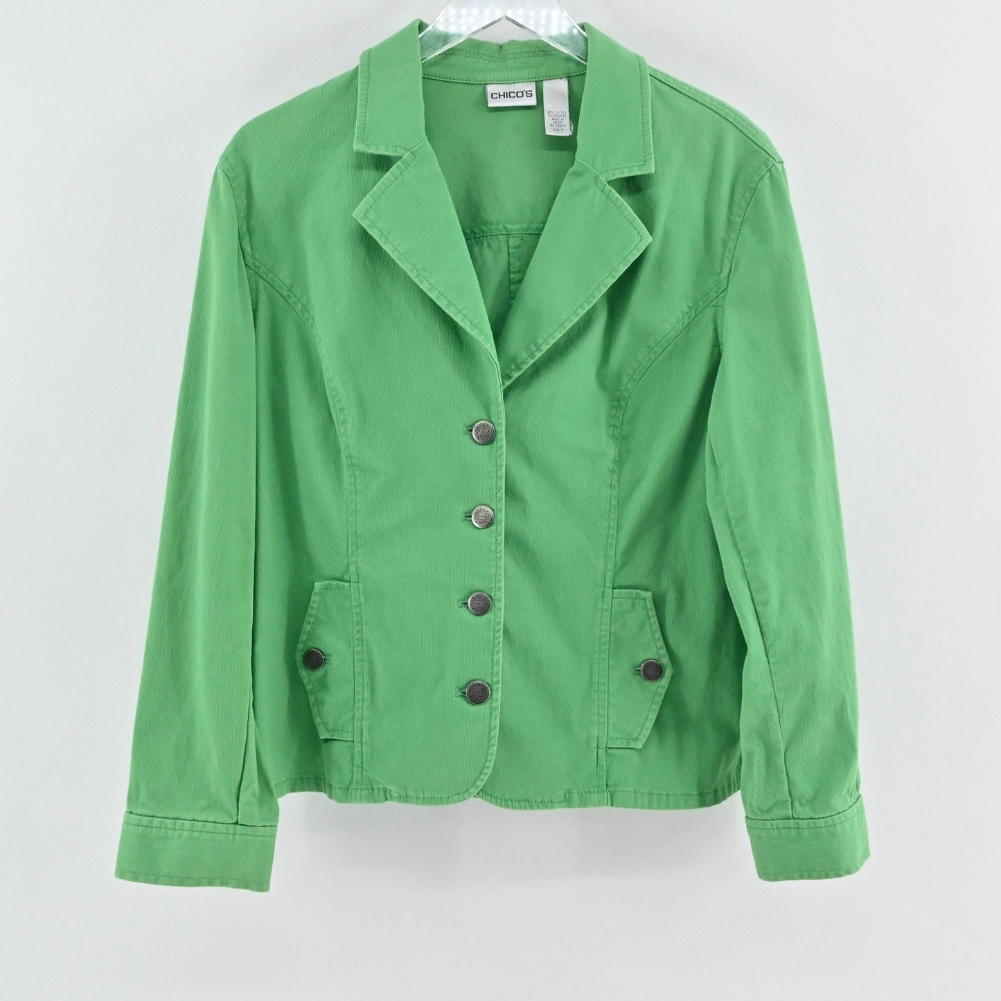 Vtg Chicos Womens Green Corduroy Jacket Size L Cotton Button Eclectic Bold Retro
