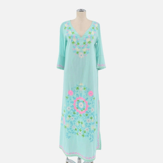 UNE BELLE TROUVAILLE Embroidered Maxi Dress Size M Blue Resort Floral Cotton NEW