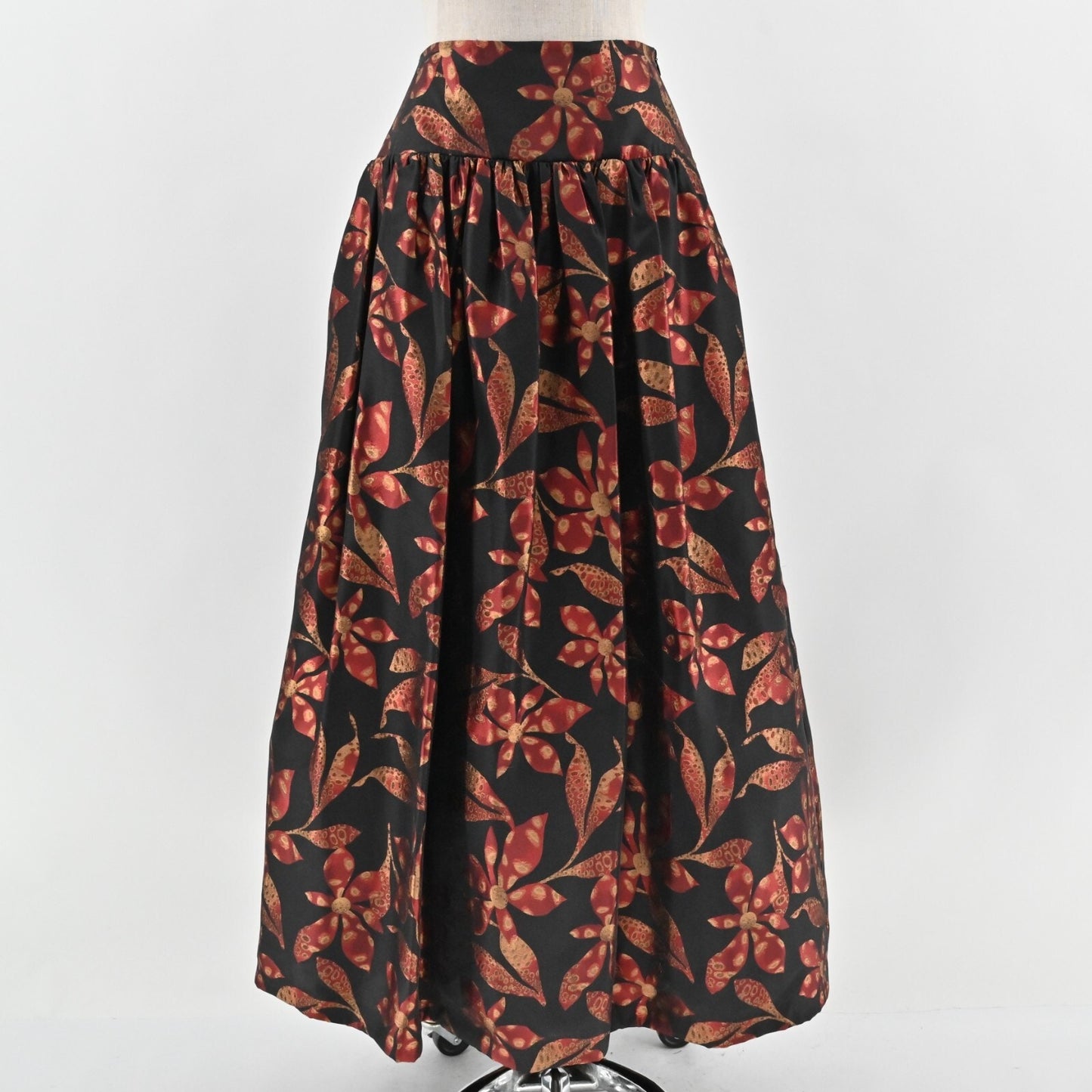 Vtg DAVID MEISTER Maxi Skirt Size 2 Pleated Black Red Floral Print High Waisted
