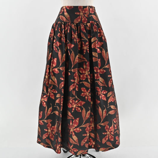 Vtg DAVID MEISTER Maxi Skirt Size 2 Pleated Black Red Floral Print High Waisted