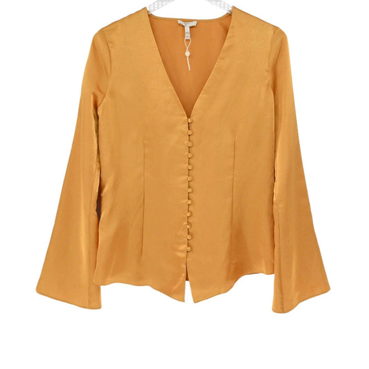 JOIE Top Womens Small Mustard Yellow Satin Madora Button Front Bell Sleeve NEW