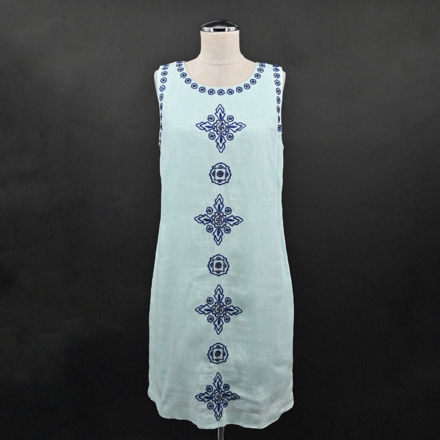 VINEYARD VINES Embroidered Beaded Shift Dress Sz 6 Blue Linen Cotton Sleeveless