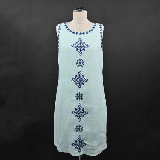 VINEYARD VINES Embroidered Beaded Shift Dress Sz 6 Blue Linen Cotton Sleeveless