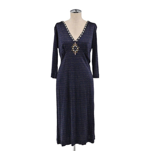MALIPARMI Dress Size US 10 / IT 46 Navy Blue Embellished 3/4 Sleeves Italy NEW