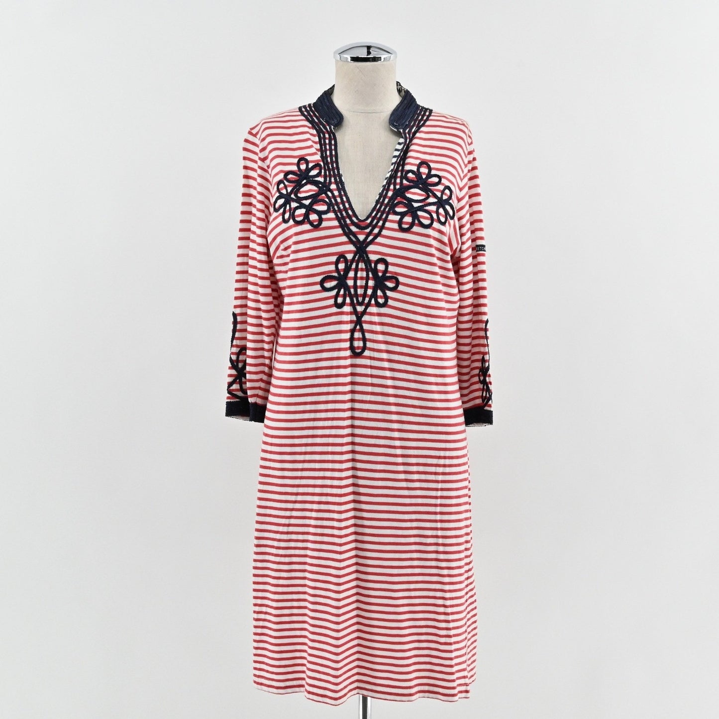 Gretchen Scott Admiral Tunic Dress Size S Red White Striped Embroidered Nautical