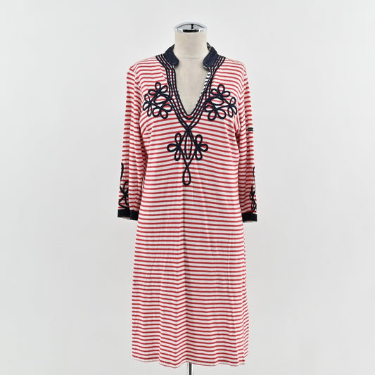 Gretchen Scott Admiral Tunic Dress Size S Red White Striped Embroidered Nautical