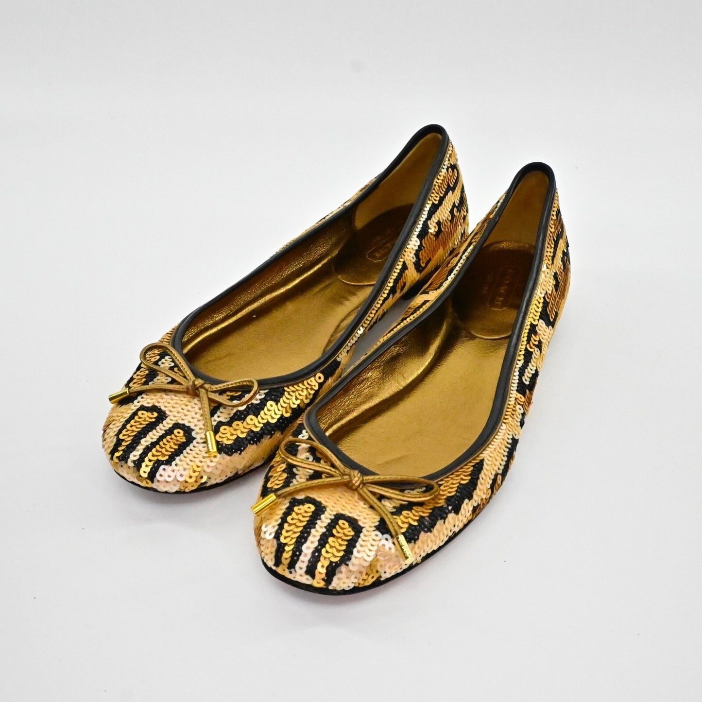 COACH Womens Liah Sequin Bow Ballet Flats Size 6.5 Gold Leopard Print Retro Y2K