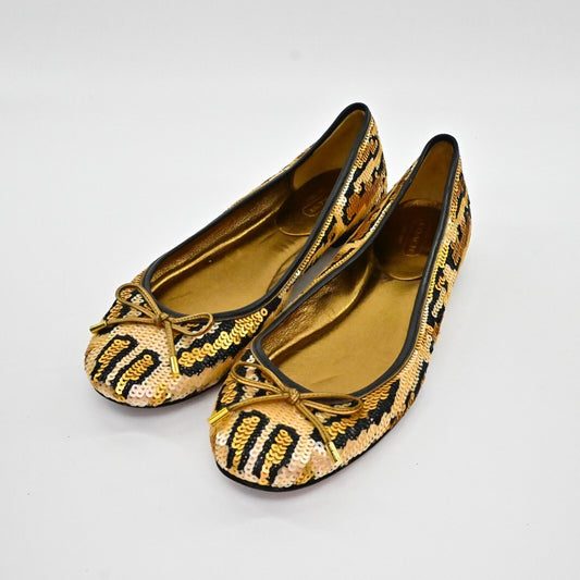 COACH Womens Liah Sequin Bow Ballet Flats Size 6.5 Gold Leopard Print Retro Y2K