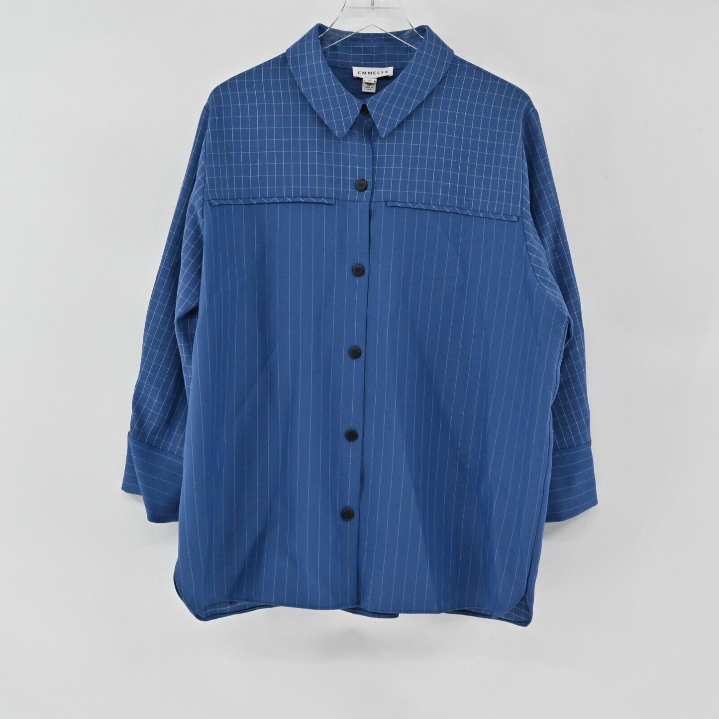 EMMELLE Top Womens Size L Blue Pinstripe Long Sleeve Oversized Button Up Shirt