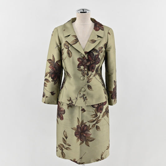 Vtg Rickie Freeman Womens Floral Skirt Suit Sz 8 Beaded Wool Silk Green Teri Jon