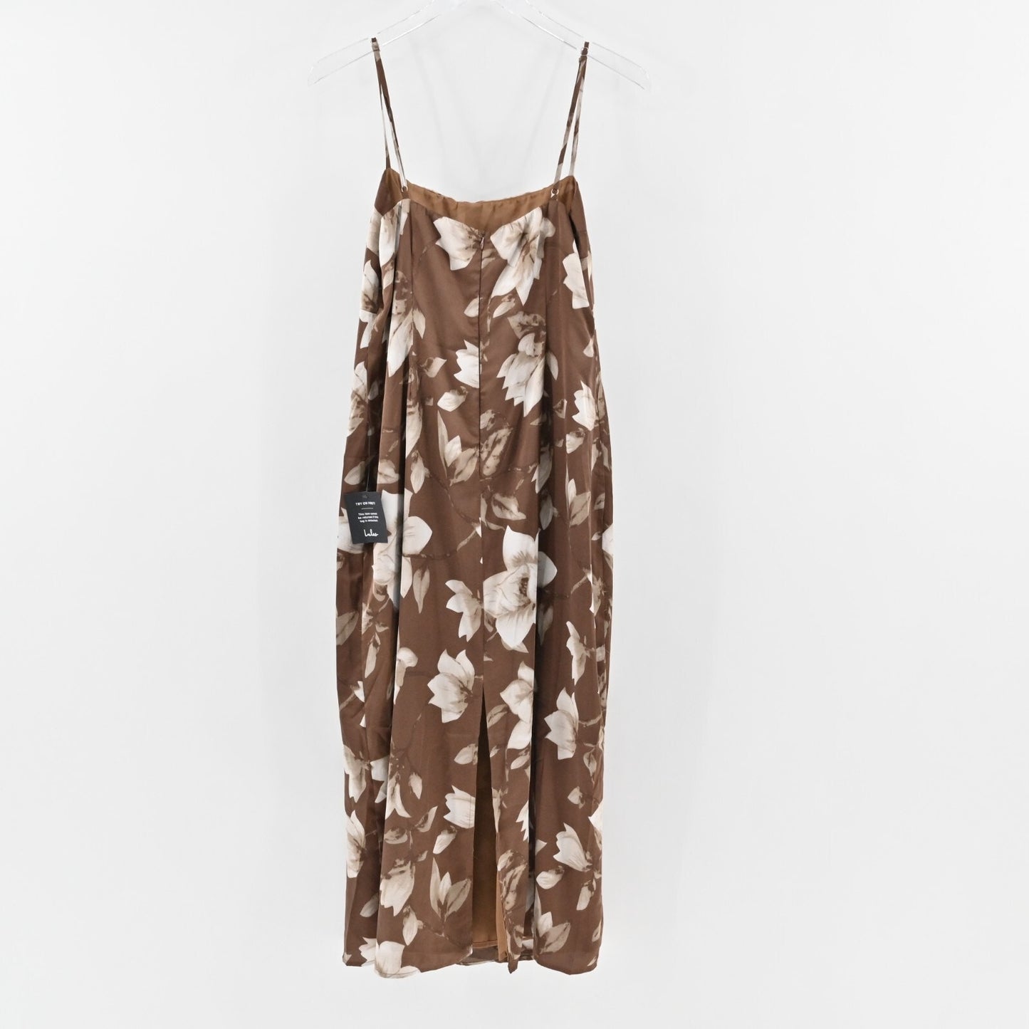 LULUS Midi Dress Size L Naturally Serene Brown Floral Satin Seamed Sleeveless