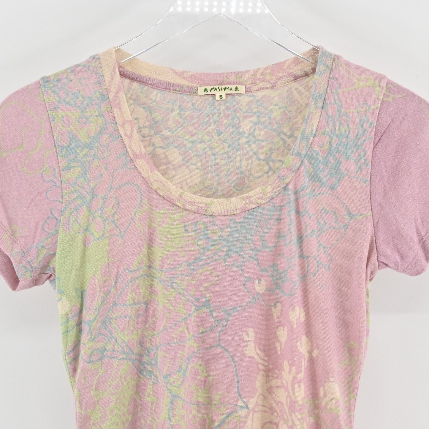 Pashma Womens Silk Cashmere Top Size S Pink Floral Scoop Neck Tee Y2k Boho India