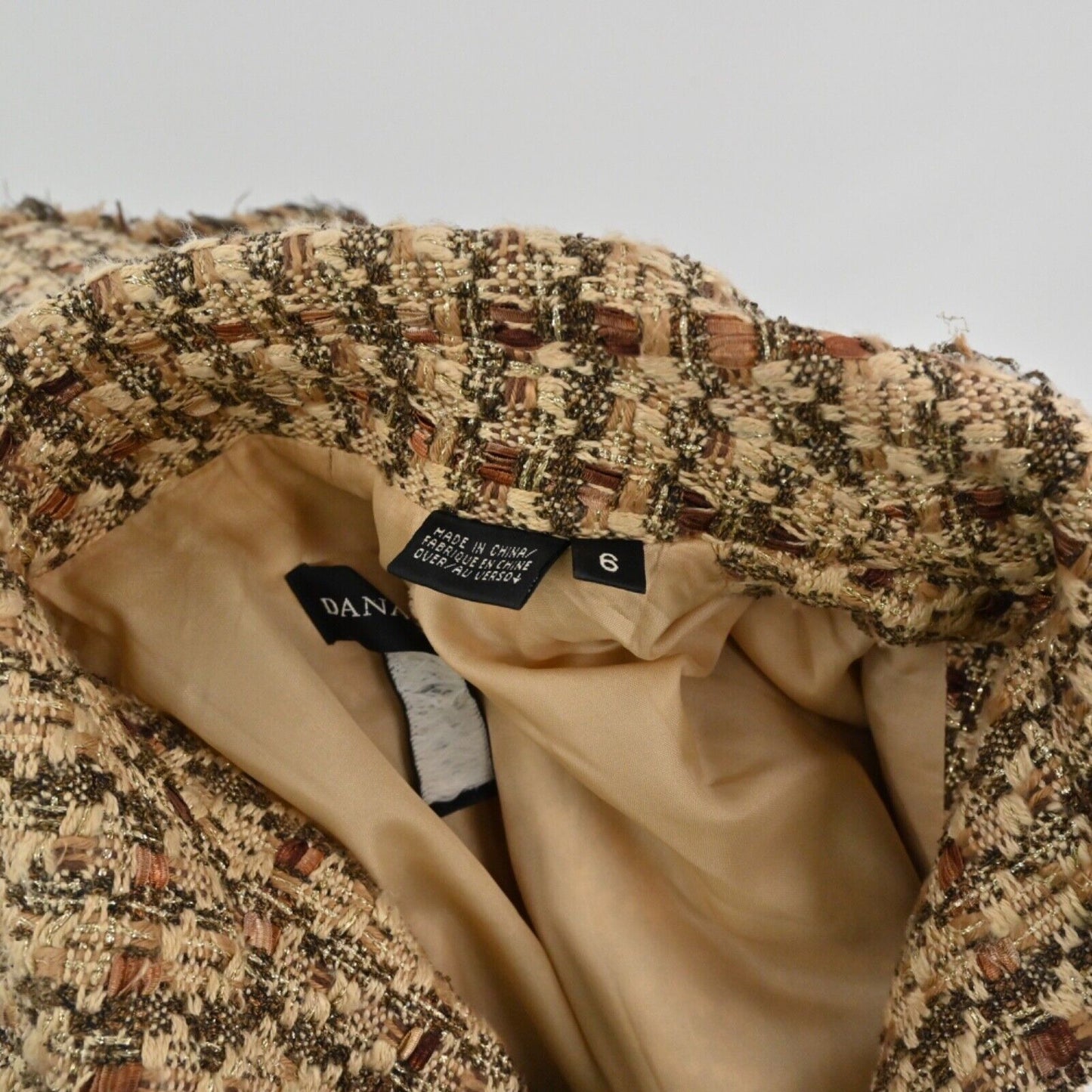 Vtg DANA BUCHMAN Jacket Womens Size 6 Brown Metallic Plaid Tweed Fringe Snap 00s