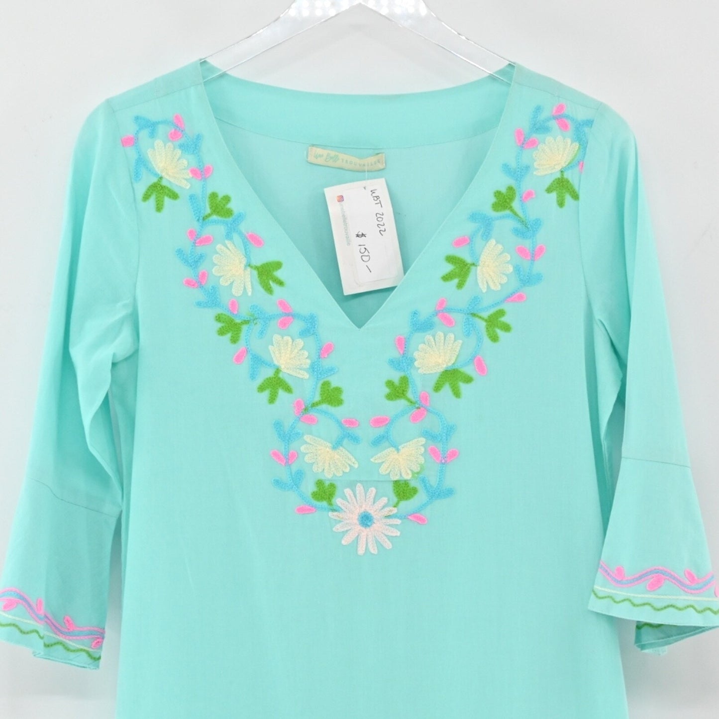 UNE BELLE TROUVAILLE Embroidered Maxi Dress Size M Blue Resort Floral Cotton NEW