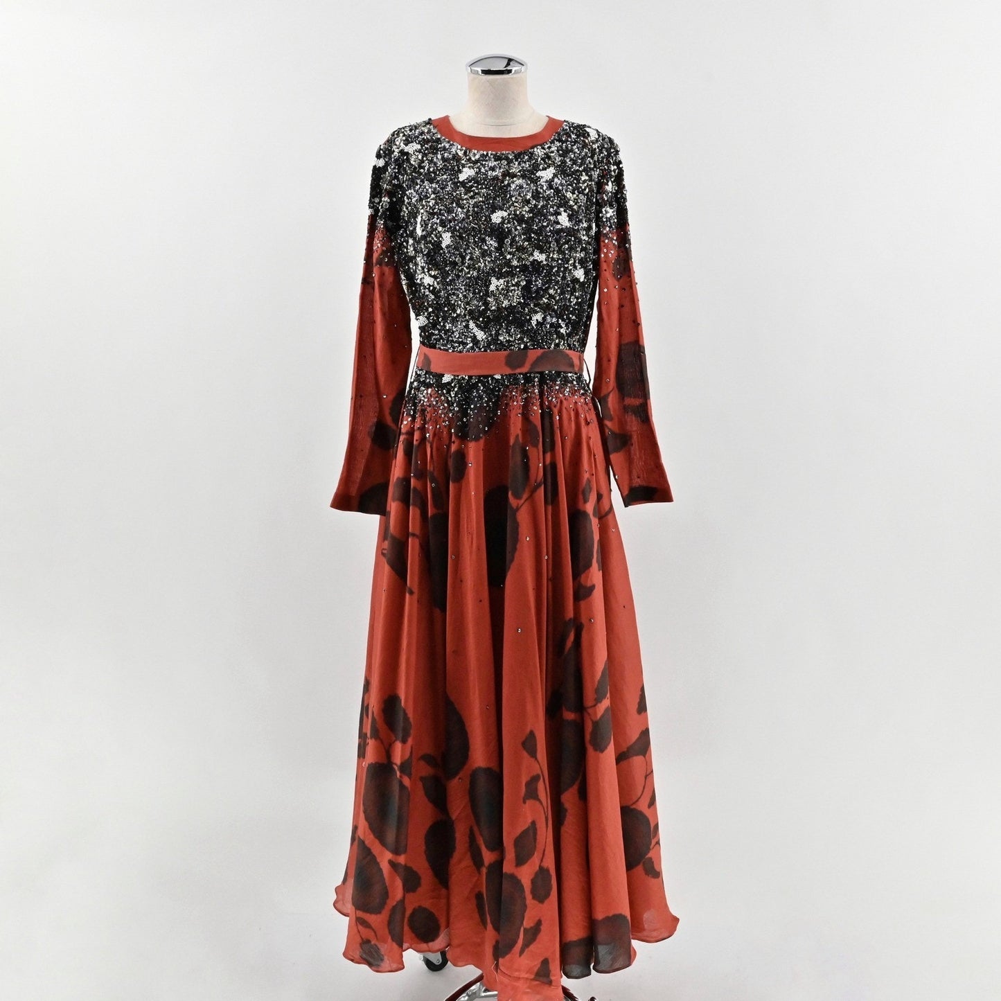 Saaksha Kinni Beaded Floral Maxi Dress Size S Gown Black Sequin Elegant Formal